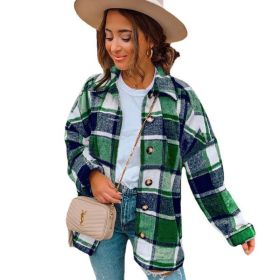 Flannel Plaid Jacket Long Sleeve Button Down Shirts Coats Shacket (Color: Green)