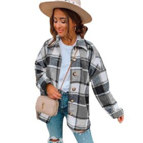 Flannel Plaid Jacket Long Sleeve Button Down Shirts Coats Shacket (Color: Gray)