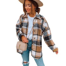 Flannel Plaid Jacket Long Sleeve Button Down Shirts Coats Shacket (Color: Brown)