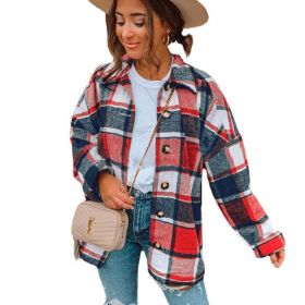 Flannel Plaid Jacket Long Sleeve Button Down Shirts Coats Shacket (Color: Red)