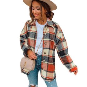 Flannel Plaid Jacket Long Sleeve Button Down Shirts Coats Shacket (Color: Orange)