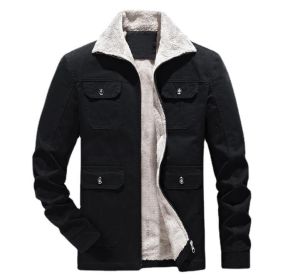 Men's Casual Fleece Cotton Military Jackets Outdoor (Color: Black)