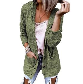 Button Hooded Sweater Cardigan (Color: Green)