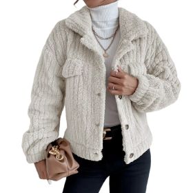 Women Sherpa Jacket Lapel Fleece Button Plush Coat (Color: White)