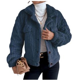 Women Sherpa Jacket Lapel Fleece Button Plush Coat (Color: Blue)