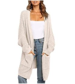 Batwing Sleeve Open Front Chunky Cable Knit Cardigan Sweater with Pockets (Color: Light)