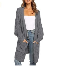 Batwing Sleeve Open Front Chunky Cable Knit Cardigan Sweater with Pockets (Color: Gray)