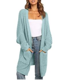 Batwing Sleeve Open Front Chunky Cable Knit Cardigan Sweater with Pockets (Color: Green)