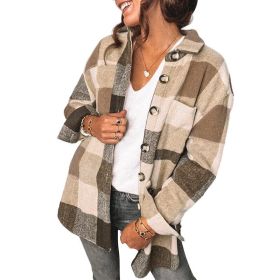 Women Flannel Plaid Jacket Button Down Shirts Coats Shacket (Color: Brown)