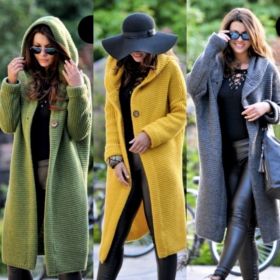 Fashion Hooded Long Cardigan Coat for Women Autumn Winter Warm Sweater Cardigan Jackets Solid Button Down Coats (Color: Yellow)