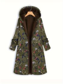 Plus Size Boho Coat, Women's Plus Floral Print Fleece Liner Long Sleeve Hooded Zip Up Longline Overcoat With Pockets (Color: Yellow)