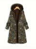 Plus Size Boho Coat, Women's Plus Floral Print Fleece Liner Long Sleeve Hooded Zip Up Longline Overcoat With Pockets