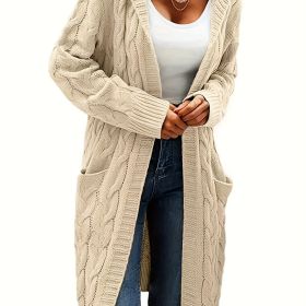 Cable Knit Hooded Cardigan Casual Long Sleeve Mid-Length Sweater with Pocket Women's Clothing (Color: Beige)