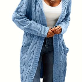 Cable Knit Hooded Cardigan Casual Long Sleeve Mid-Length Sweater with Pocket Women's Clothing (Color: Sky Blue)