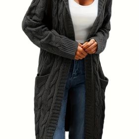 Cable Knit Hooded Cardigan Casual Long Sleeve Mid-Length Sweater with Pocket Women's Clothing (Color: Black)