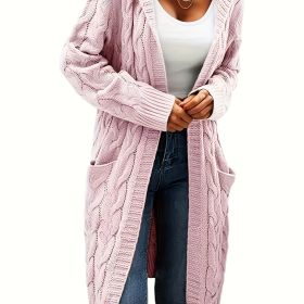 Cable Knit Hooded Cardigan Casual Long Sleeve Mid-Length Sweater with Pocket Women's Clothing (Color: pink)