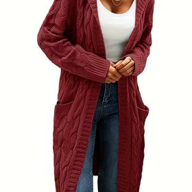 Cable Knit Hooded Cardigan Casual Long Sleeve Mid-Length Sweater with Pocket Women's Clothing (Color: Brick Red)