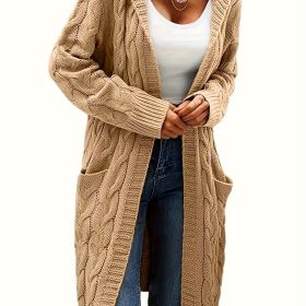 Cable Knit Hooded Cardigan Casual Long Sleeve Mid-Length Sweater with Pocket Women's Clothing (Color: Earth-Yellow)