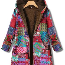 Geometric Print Kangaroo Pocket Coat, Casual Long Sleeve Hooded Thermal Coat, Women's Clothing (Color: Burgundy)