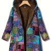 Geometric Print Kangaroo Pocket Coat, Casual Long Sleeve Hooded Thermal Coat, Women's Clothing