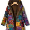 Geometric Print Kangaroo Pocket Coat, Casual Long Sleeve Hooded Thermal Coat, Women's Clothing