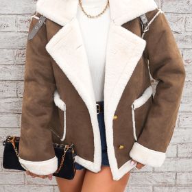 Lapel Plush Jacket, Winter Warm Casual Outwear, Women's Clothing (Color: Coffee)