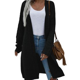 Women Open Front Cardigan Casual Soft Knit Sweater (Color: Black)