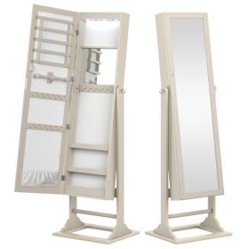 Freestanding Lockable Jewelry Armoire with Full-Length Mirror and 6 LED Lights (Color: Beige)