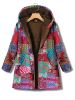 Geometric Print Kangaroo Pocket Coat, Casual Long Sleeve Hooded Thermal Coat, Women's Clothing