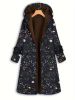 Plus Size Boho Coat, Women's Plus Floral Print Fleece Liner Long Sleeve Hooded Zip Up Longline Overcoat With Pockets