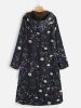 Plus Size Boho Coat, Women's Plus Floral Print Fleece Liner Long Sleeve Hooded Zip Up Longline Overcoat With Pockets