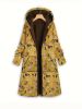 Plus Size Boho Coat, Women's Plus Floral Print Fleece Liner Long Sleeve Hooded Zip Up Longline Overcoat With Pockets